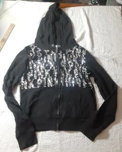 PINK Victoria's Secret M Black Hoodie Zip Jacket Sequin Women’s *read - Picture 1 of 7
