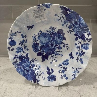 Ensaladera XL 12x4” AZUL BLANCO Peonía Rosa Floral Shabby Chic Ondulado Nuevo con Etiquetas Foto 1 de 4