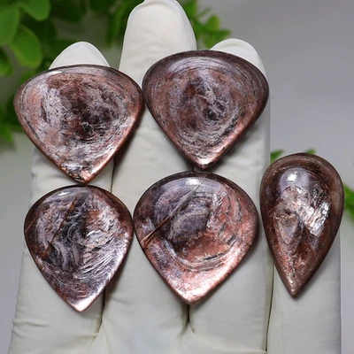 Bronze Mica~ 5 PC Natural Gemmy Lepidolite 27mm-33mm Pear Cabochon Gemstones Lot - Image 1 of 4