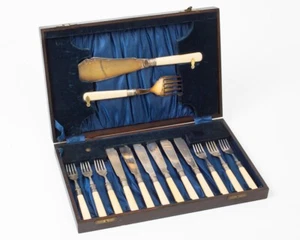 Antique 14-Piece Silver Plate Fish Serving Utensil Set in Wooden Case - Picture 1 of 8