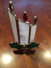 VTG Stained Glass Leaded Glass Holly Berry Flickering Candle Holder Votive 1980