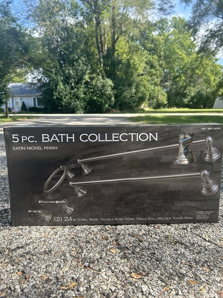 Home Zone 5pc Bath Collection Satin Nickel Towel Bars Ring Holder Robe Hook