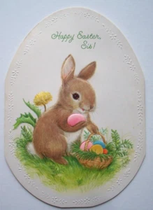 Hase Kaninchen Eier sammeln geprägt Vintage Ostergrußkarte *JJ3 - Bild 1 von 4