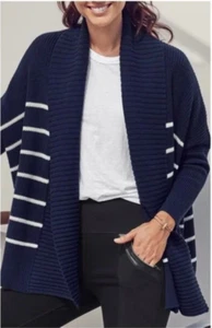 Athleta Peaceful Wrap Striped Open Front Cardigan Sweater Sz M Blue White Chunky - Picture 1 of 13