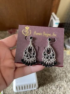 Premier Designs~Post Silver & Black Tome Dangle Earrings New - Picture 1 of 3