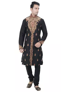 Indian Design Bollywood Black Kurta Sherwani for Men 2pc Suit(Worldwide Postage) - Picture 1 of 6