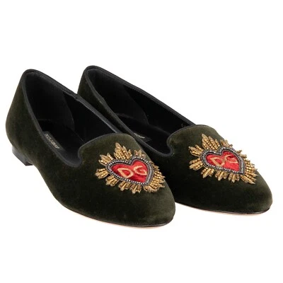 DOLCE & GABBANA Terciopelo Ballet Pisos AUDREY Sagrado Corazón Bordado Verde 10021 Foto 1 de 4