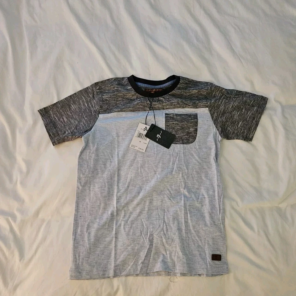 NUEVO CON ETIQUETAS ~7 FOR ALL HUMANITY Camiseta de cuello redondo jaspeado gris jaspeado y carbón para niños Foto 1 de 1