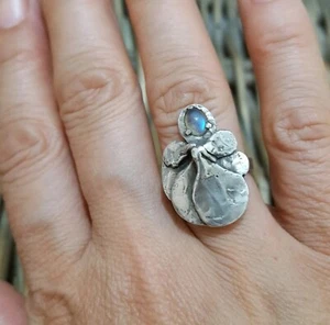 Vintage 800 Solid Silver Ring, Natural Blue Moonstone Ring, Size K US 5.25 - Picture 1 of 7