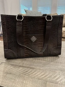 COLDWATER CREEK BROWN BLACK FAUX CROC LEATHER EMBOSSED SATCHEL TOTE. - Picture 1 of 11
