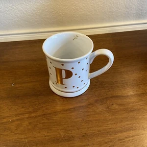 Pier 1 Imports Letter P Monogram Coffee Espresso Mug Cup White & Gold Pokadot 4" - Picture 1 of 4