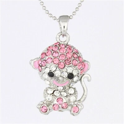粉红色水钻水晶 Cheeky 猴子娃娃吊坠项链 P876 — 第 1/3 张图片