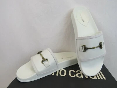 ROBERTO CAVALLI БЕЛАЯ КОЖА ЗАМША СТАРИННЫЙ СЕРЕБРЯНЫЙ ЛОГОТИП САНДАЛИИ ГОРКИ 45/12 IT - Изображение 1 из 4