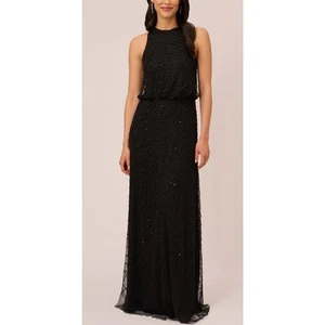 NEW Adrianna Papell Beaded Evening Gown Women 10 Black Long Formal Black Tie - Picture 1 of 9