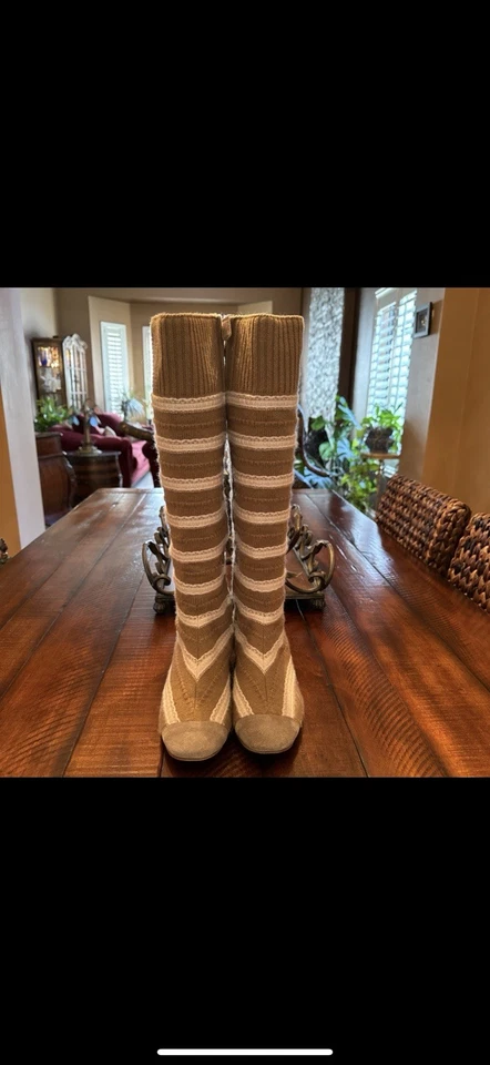 Authentic CHANEL Knit Tall Boots Beige/Cream Stripe Size 38 with Dust Bags - Image 1 of 4