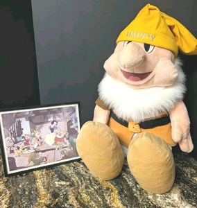 Disney Store Happy Dwarf Plush Large Stuffed Toy BONUS Vintage Framed Picture - Picture 1 of 3