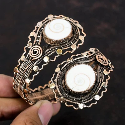 Friendship Day Sale Copper Shiva Eye Shell Stone Wire Wrapped Bangle Bracelet - Image 1 of 4