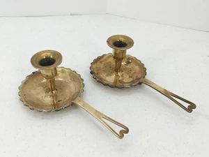 Vintage Set Of 2 Grab It Brass Chamber Stick Candle Holder & Drip Tray MCM - Picture 1 of 11