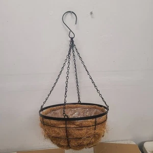14 In. Dia English Black Metal Hanging Basket with Coco Liner - Picture 1 of 4