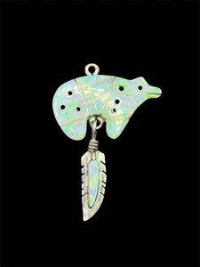 Native American Navajo Sterling Silver Bear Opal Inlay Feather Pendant vintage - Picture 1 of 14