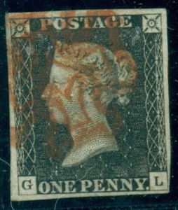 GRAN BRETAÑA #1, 1p negro, usado con cancelación roja, pequeño poco profundo delgado, Scott $375.00 - Imagen 1 de 1
