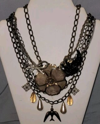 Collar Lenora Dama Multi-Hebra Cadenas Caprichosas Negro Estrás Bronce 17" Foto 1 de 4
