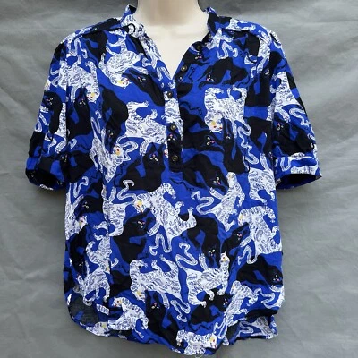 Anthropologie Emily Isabella Robina Blue Black Cat Panther Shirt Blouse Size S - Image 1 of 4