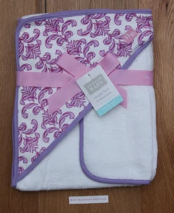 Hudson Baby Cotton Terry Hooded Towel & Washcloth Set ~ White & Purple - Picture 1 of 2