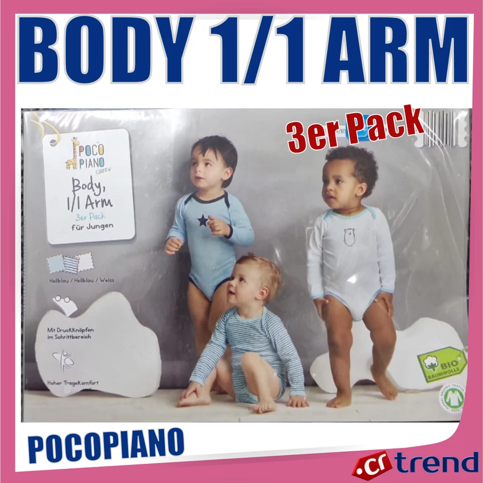 POCO PIANO POCOPIANO Jungen Bodys 3er-Pack Bio-Baumwolle Blau/Weiß/Gestreift Gr 98/104