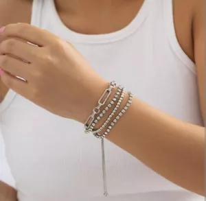 Rhinestone Silver Layered Link Adjustabled Chain Bracelet - Picture 1 of 4