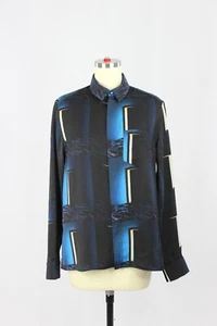 Blusa Camisa KENZO Negra Azul Estampado Gráfico Mate Satén Frontal Cremallera, Talla 42/L - Imagen 1 de 13