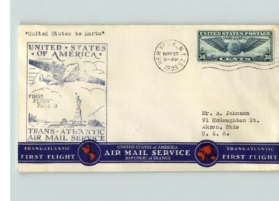 Airmail FIRST FLIGHT and First Day of Issue, Trans-Atlantic, U.S. to HORTA, 1939 - Image 1 of 2