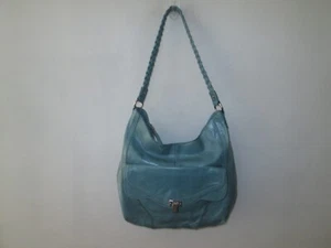 B MAKOWSKY Light Aqua Blue Leather Hobo Shoulder Bag Purse w/ Braided Handle - Picture 1 of 6