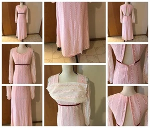 Handmade Vtg Seventies Pink Pioneer 3/4 Sleeve Lined Lace Maxi Dress Boho Hippie - Picture 1 of 9