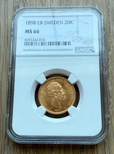 Sweden 1898 EB Gold 20 Kronor NGC MS66 Oscar II - Picture 1 of 2