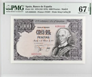 1976 Spain 5000 Pesetas P155 BANKNOTE CURRENCY UNC PMG 67 - Picture 1 of 2