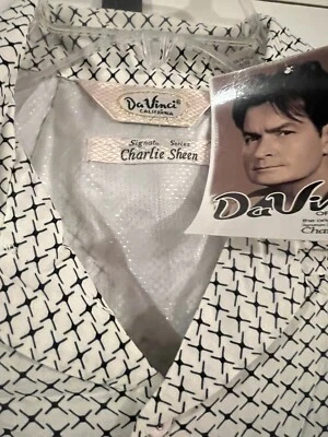 New DaVINCI White Blue Print Charlie Sheen Camp Collar ROCKABILLY Med - Image 1 of 4