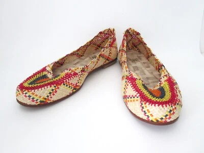 编织红色蓝色黄色拉菲亚吸管懒人芭蕾平底皮革鞋底,尺寸 40 — 第 1/4 张图片