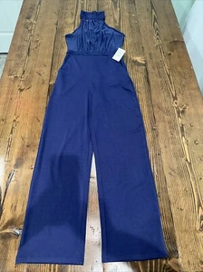 Nordstrom Sleeveless Jumpsuit Halter Top Straight Leg Navy Blue Pockets - Picture 1 of 6