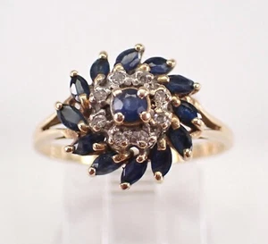 Yellow Gold Sapphire and Diamond Cluster Ring - Vintage Dainty Gemstone Setting - Picture 1 of 7