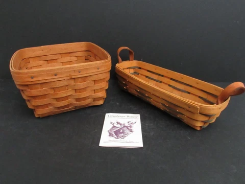 Vtg Longaberger 90s Signed Brown Used Bread and Berry Baskets Set Of 2 Cover