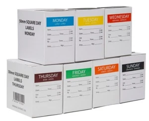 Food Storage Labels 50mm Square Set of 7 Rolls x 500 Removable Day Hygiene Label - Picture 1 of 3