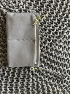 Gray Wristlet With Multiple Pockets, Zips, Gold Hardware - Picture 1 of 6