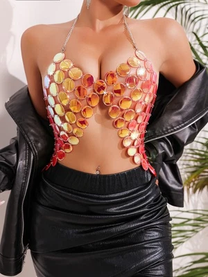 Mujeres Sujetadores Chaleco Halter Rosa Lentejuelas Moda Metal Sexy Cuerpo Cadena Bralet 6681 Foto 1 de 4