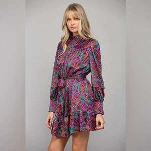 Fate Geo Print Collard Tie Waist Dress Women’s size Medium Colorful Long Sleeve - Picture 1 of 14