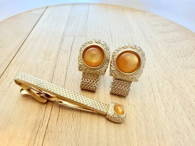 Gemelos envolventes de malla tono dorado Swank vintage clip de corbata piedras anaranjadas Foto 1 de 2