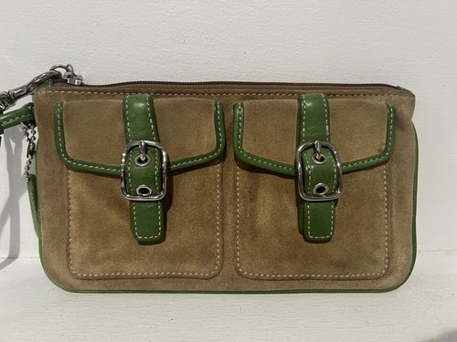 Polsino Coach vintage marrone scamosciato e bordo pelle verde doppia tasca frontale