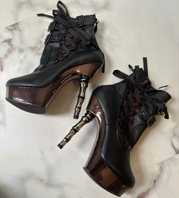 Muerto 1033 Rojo Encaje Panel Dedo Hueso Tacones Altos Plataforma Botines 7 Foto 1 de 4