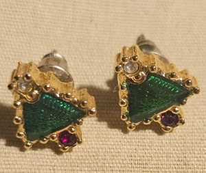 Jewelry-Vintage Earrings-Gold Tone Setting-Green Rhinestone-Butterfly Closeure - Picture 1 of 4