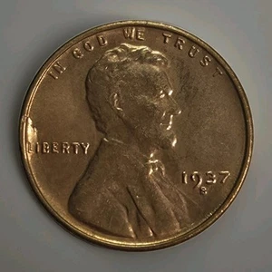 1937 S Lincoln Wheat Cent Retained Lamination Peel & Die Crack Pre Cud Error BU - Picture 1 of 6